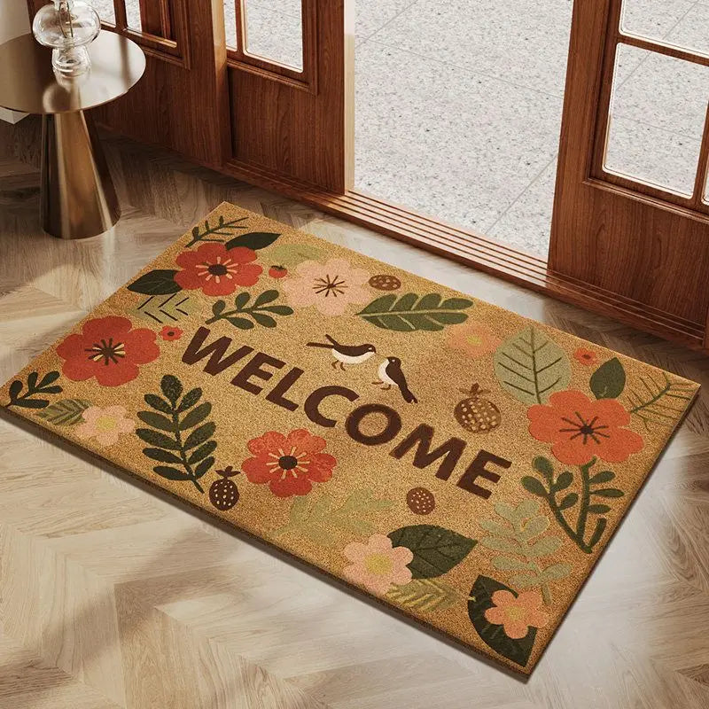 tapis d'entrée extérieur vintage motif fleurs papillons bienvenue couleur beige rouge décoration sol porte