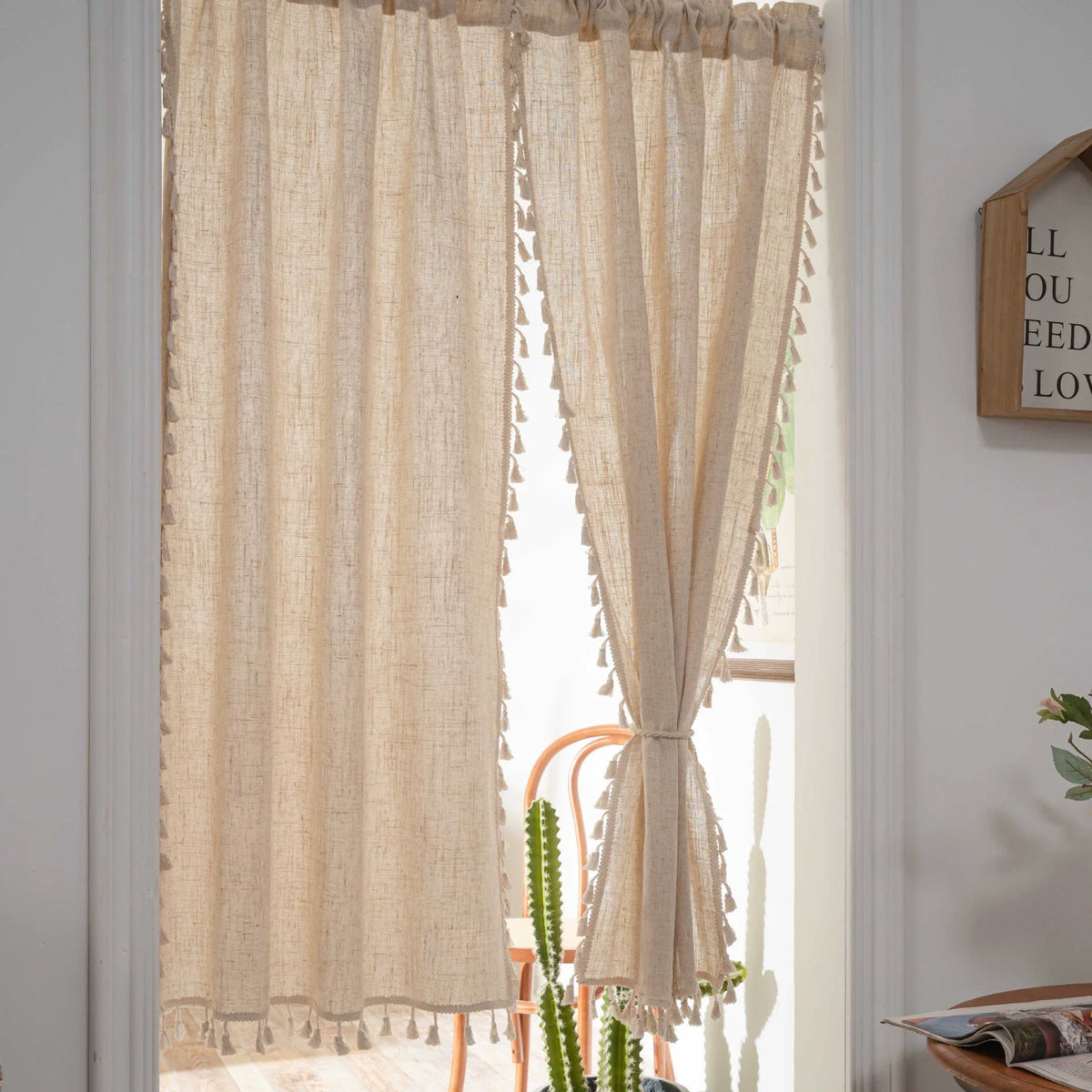 rideau boho chic beige clair tassel opacité tissage léger franges chambre salon