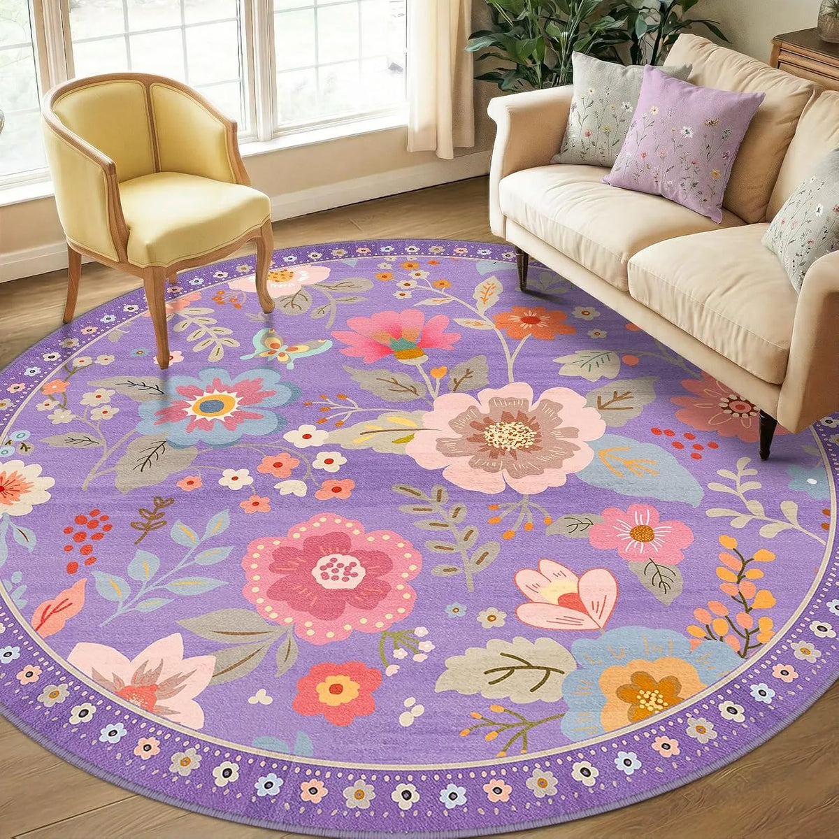 tapis rond moderne fleurs colorées motifs floraux salon beige rose violet