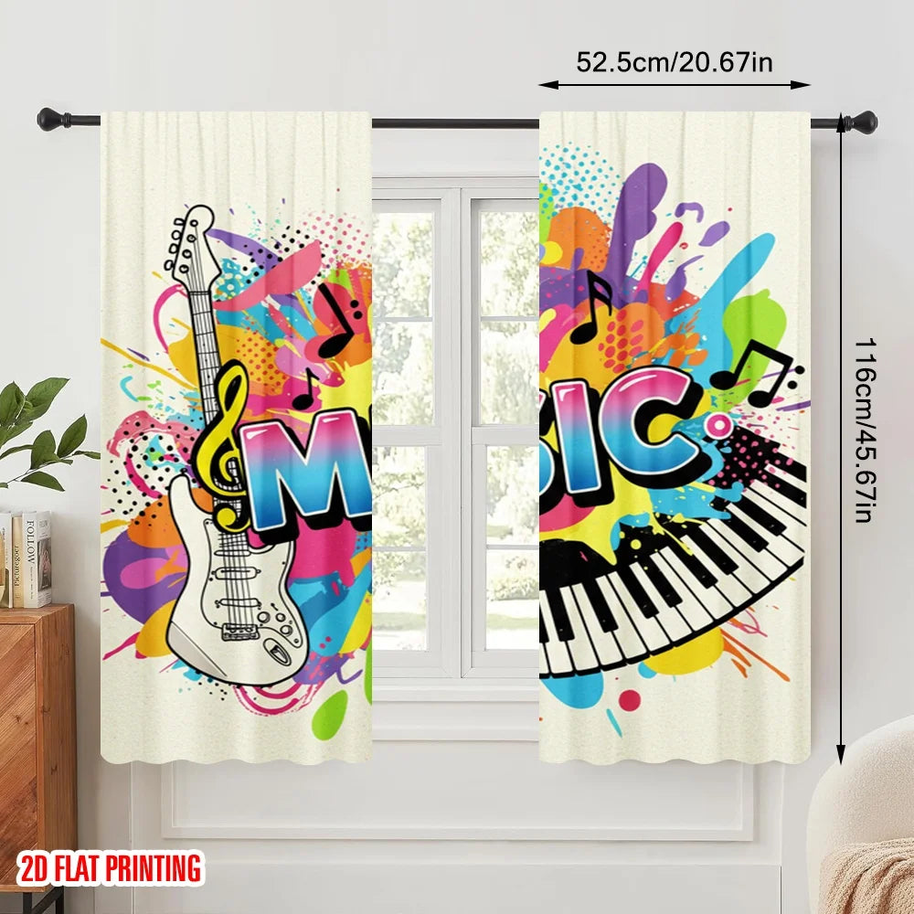 rideau moderne multicolore graphique notes musique opacité 100% polyester deux panneaux vibrant pop art