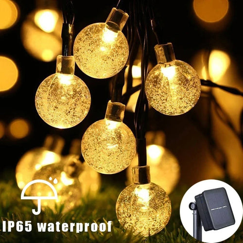 guirlande lumineuse solaire 200 led moderne boules translucides blanc jaune doré noir