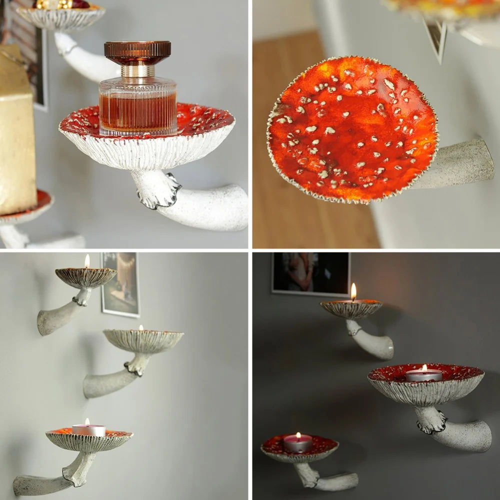 Étagère murale champignon installée dans une salle de bain avec accessoires