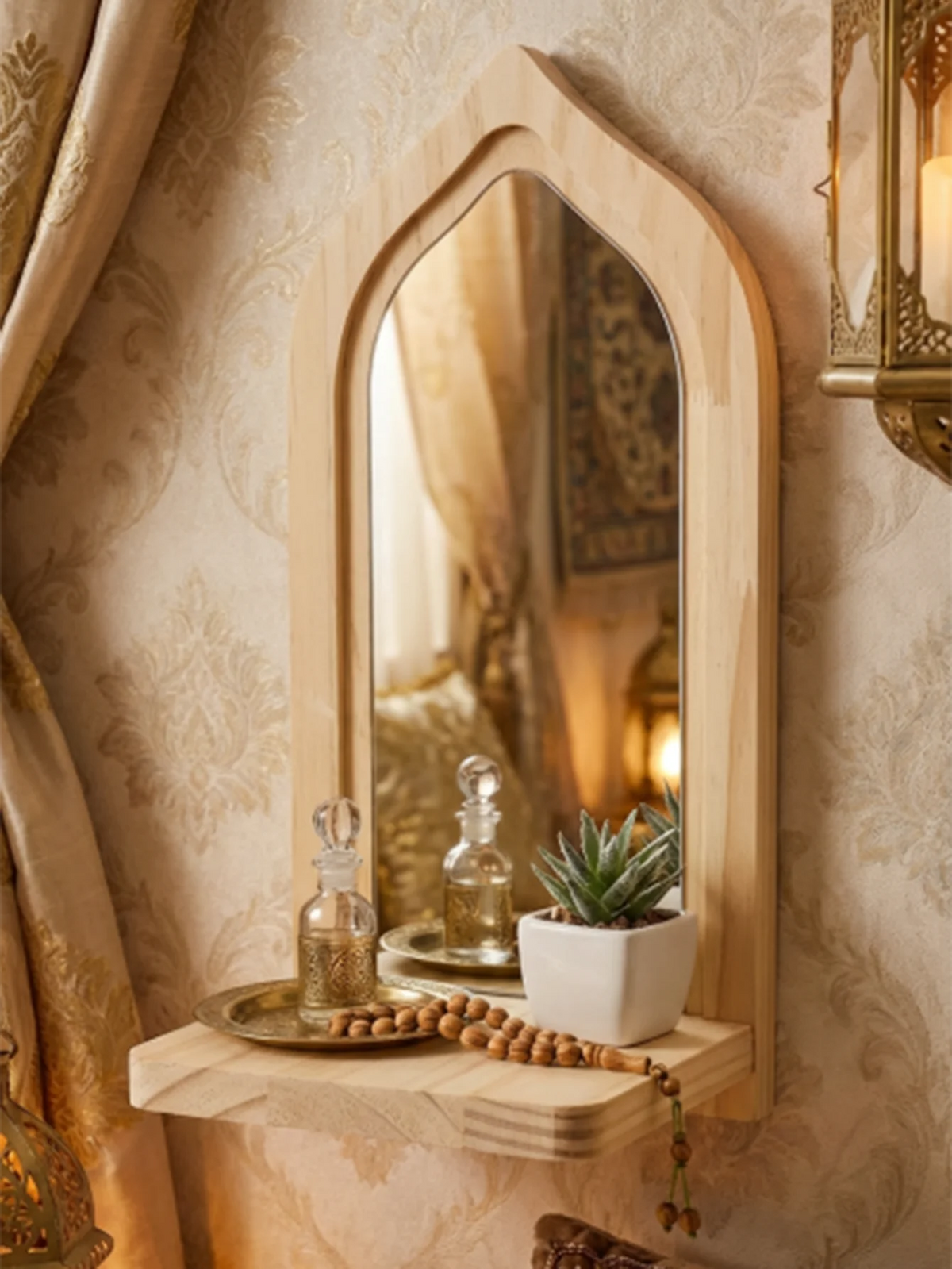 miroir mural bois étagère intégrée moderne minimaliste plantes bougies accessoires décoration chambre salon