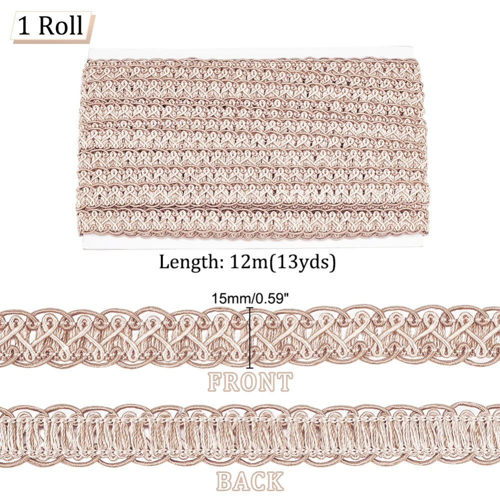 ruban tressé polyester doré tissage géométrique texturé 15mm large 12m longueur