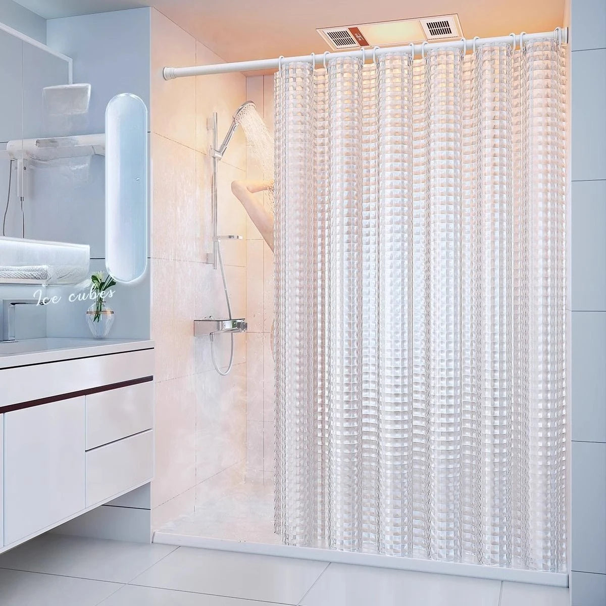 rideau douche transparent carreaux géométriques moderne ourlet lesté dimension 240cm anneaux fixation