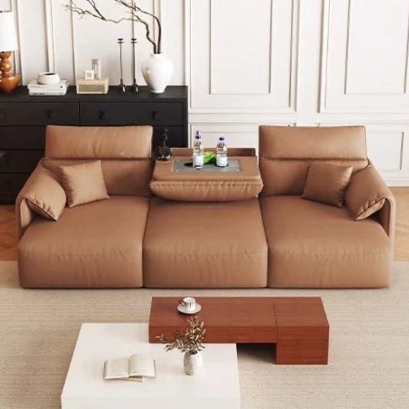 canapé d'angle marron clair moderne coussins table basse dimension 290cm