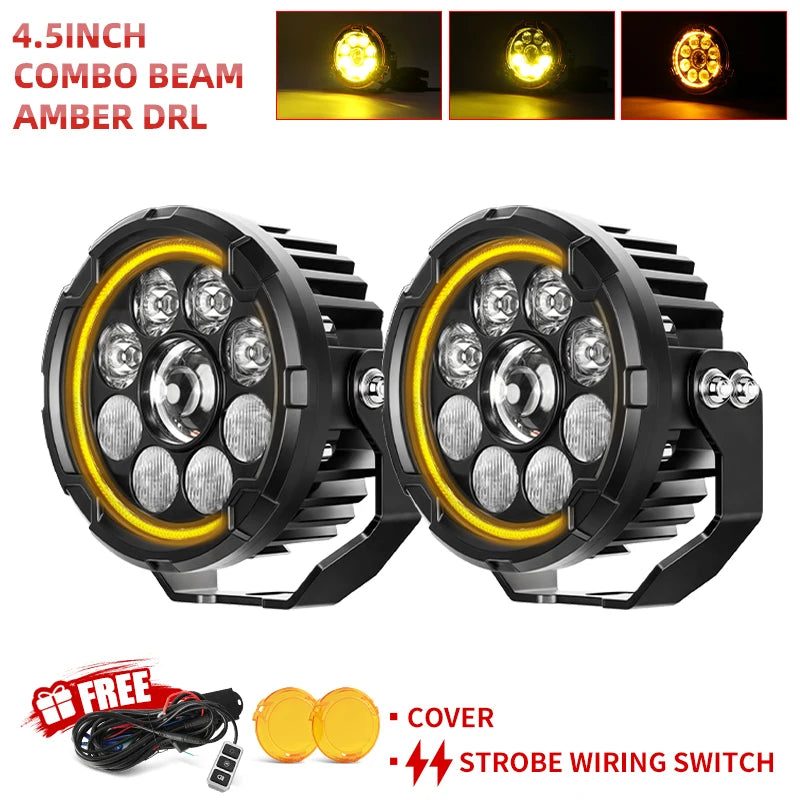 projecteur led moto noir lentilles jaunes cable electrique interrupteur robuste