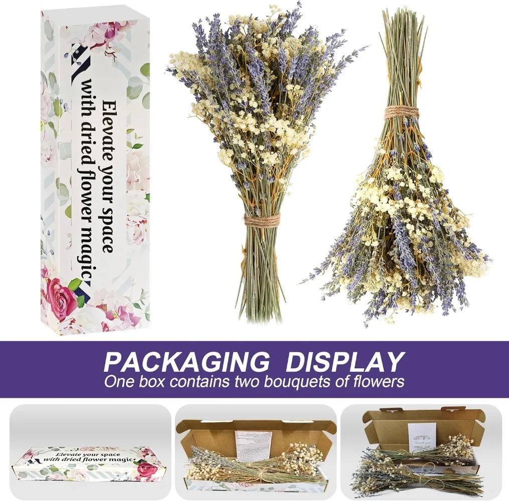 bouquets fleurs séchées lavande gypsophile decoration maison anniversaire mariage romantique violet blanc