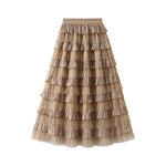 jupe mi mollet polyester vintage rayures horizontales romantique beige clair rose pâle gris marron