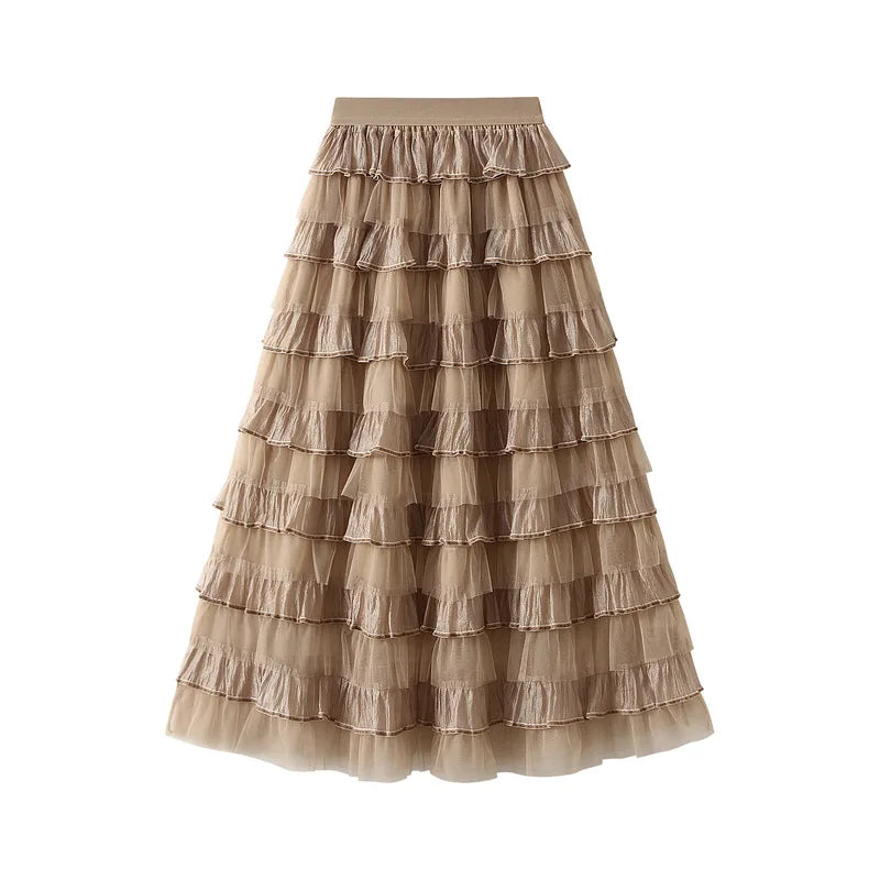 jupe mi mollet polyester vintage rayures horizontales romantique beige clair rose pâle gris marron