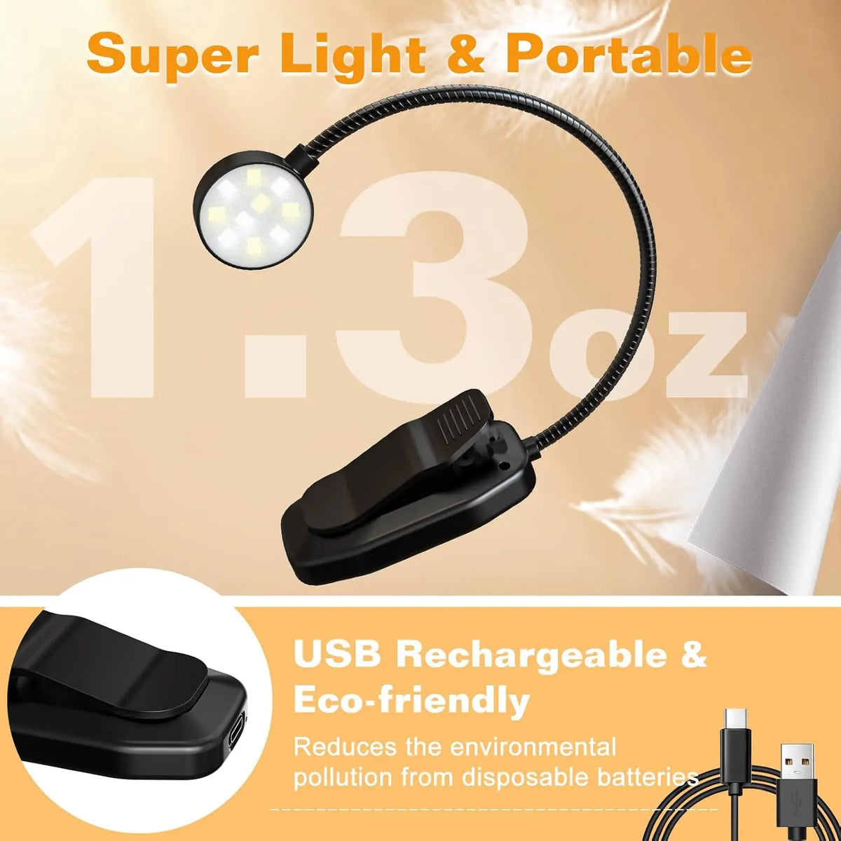 lampe lecture pince rechargeable led noir flexible moderne lumière usb portable