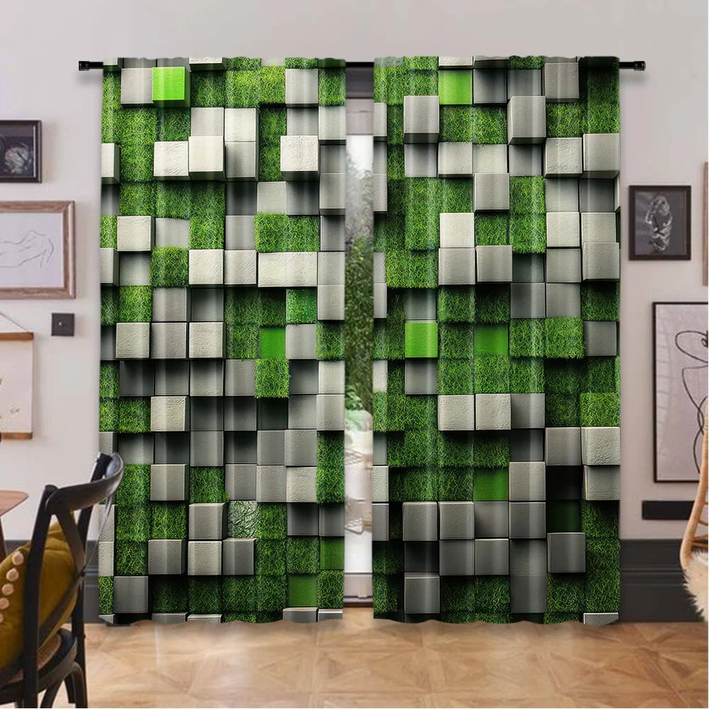 rideau polyester moderne carreaux géométriques vert gris noir opaques 29x65in 41x90in 51x82in