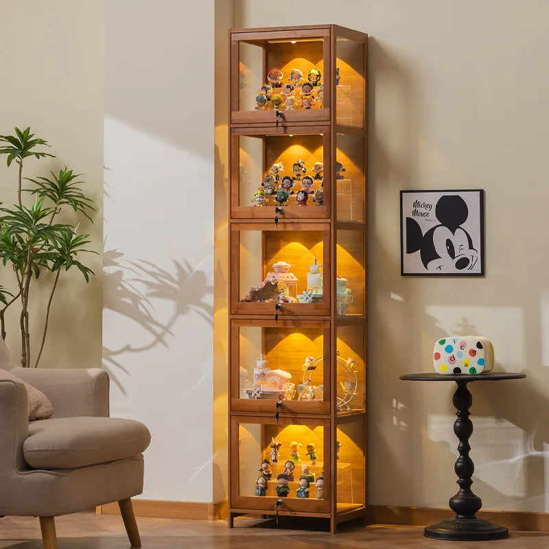 présentoir étagère porte vitrée transparent moderne bois clair figurines cadres
