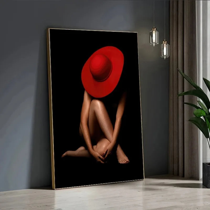 toile d'art contemporaine personnage féminin chapeau rouge noir sans cadre