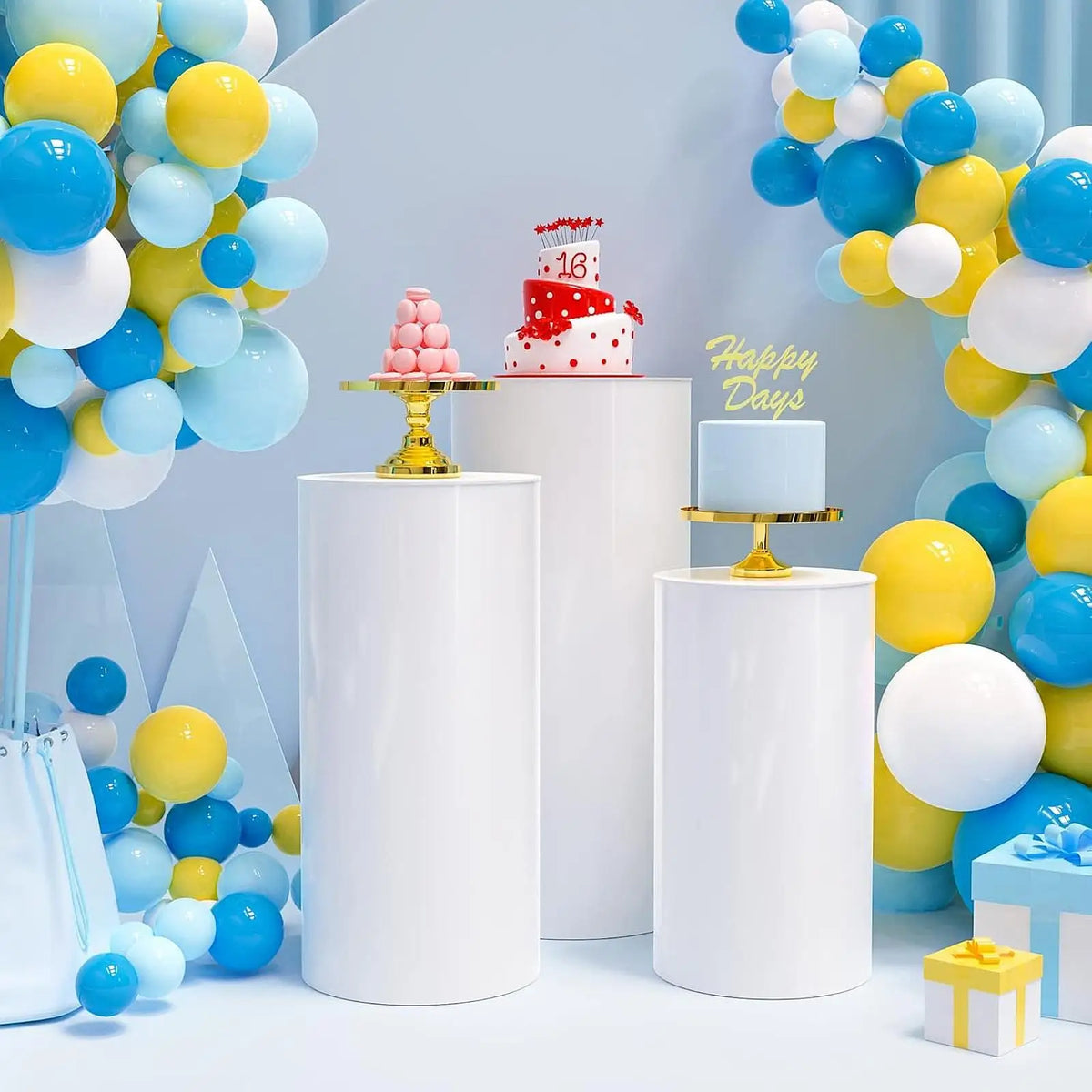 support présentation blanc moderne socle cylindrique pvc lisse mariage anniversaire décoration table gâteau