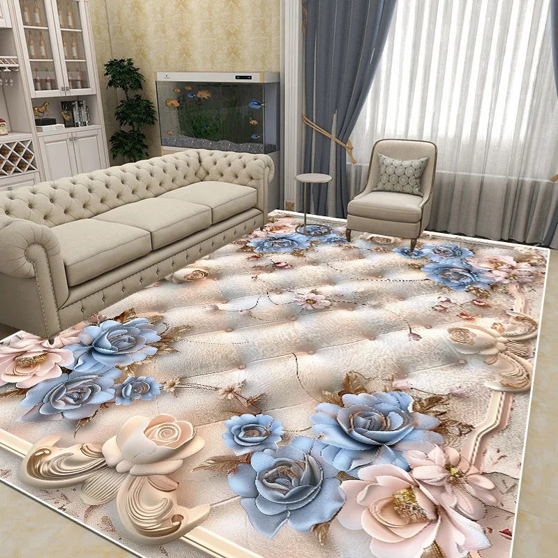 Tapis moderne aux tons pastel avec de belles fleurs décoratives, créant une ambiance chaleureuse et élégante dans cette pièce.