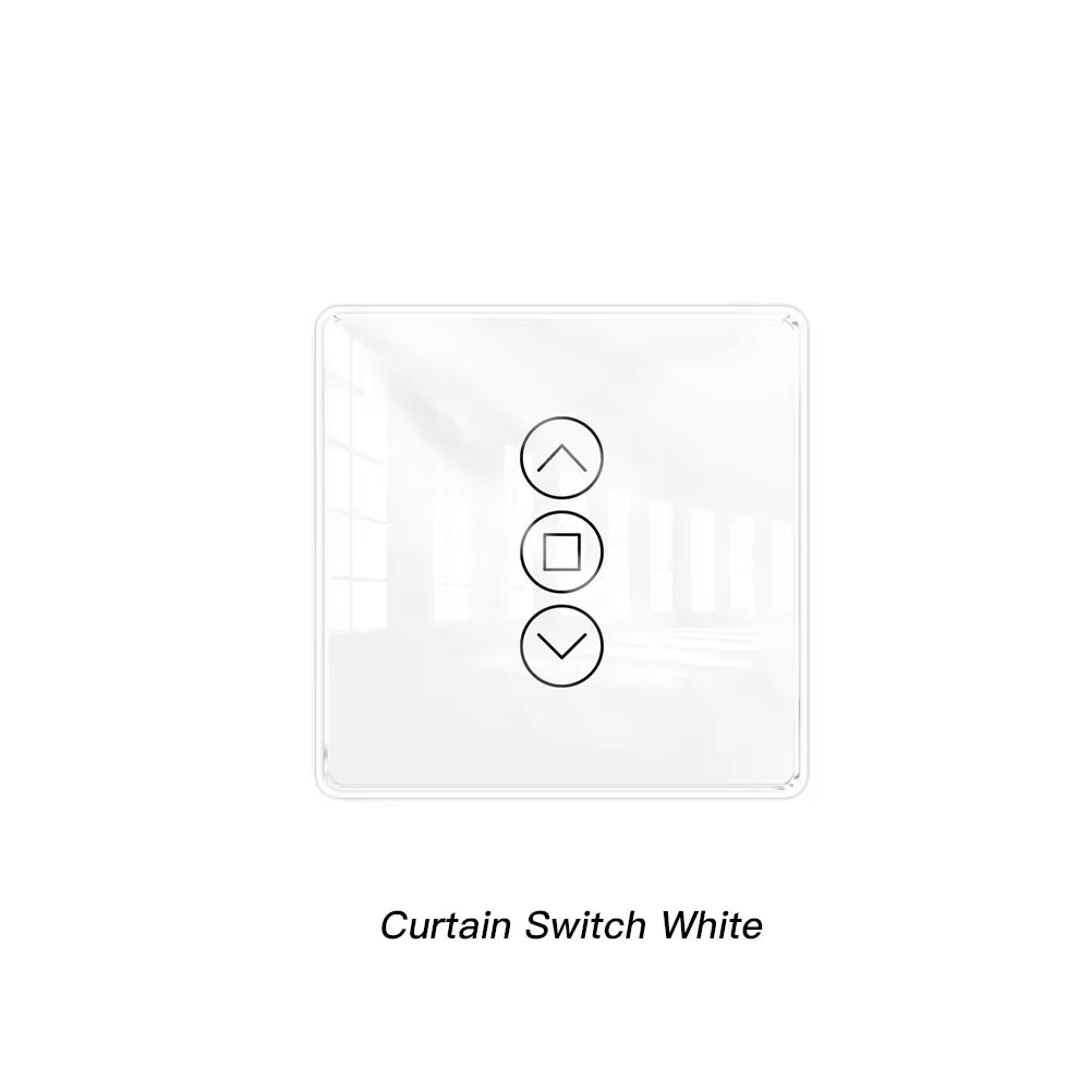 commutateur intelligent rideau controle tactile noir blanc application smartphone flèches haut bas arrêt moderne