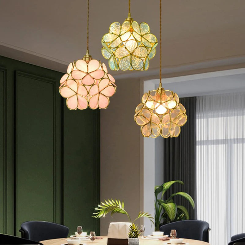 lampe suspendue moderne feuilles fleur vert rose doré art nouveau chambre salon