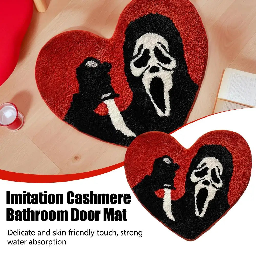 tapis porte salle bain rouge noir blanc crâne halloween texture épaisse moderne graphique