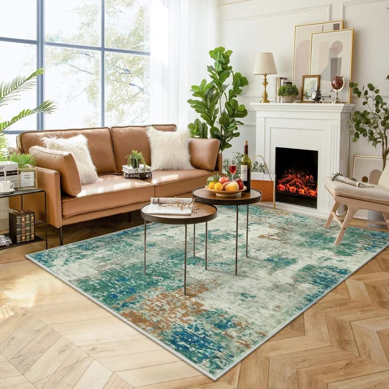 grand tapis moderne patchwork abstrait salon chambre cuisine lavable intérieur gris vert beige rouge