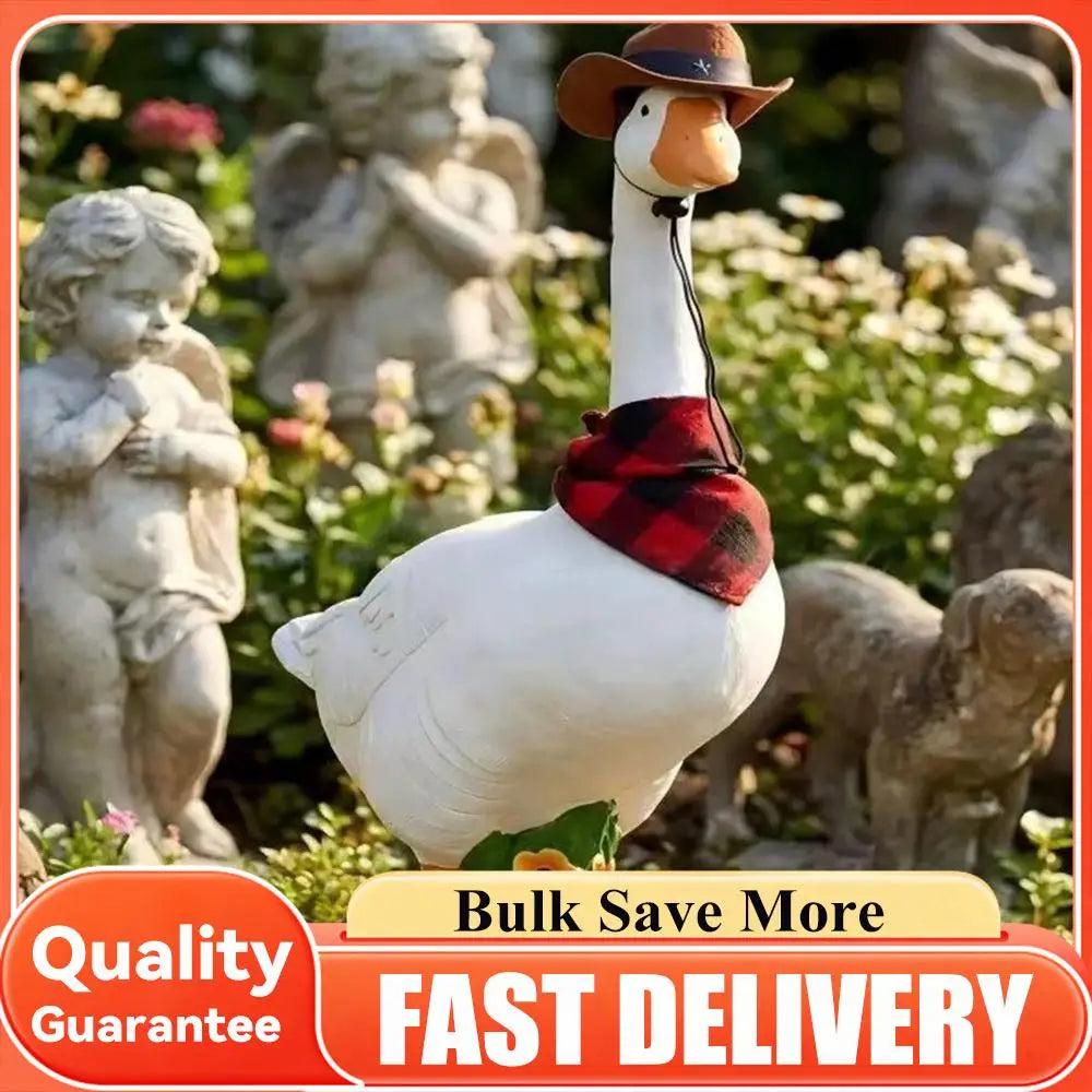 statue oie blanche plumes chapeau cow boy cravate motif floral rustique extérieur