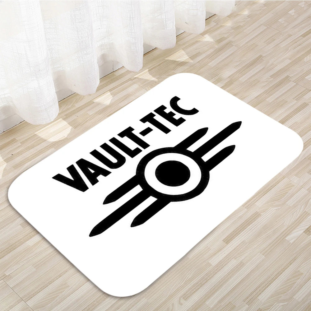tapis noir bleu blanc logo vault tec antidérapant moderne graphique sol couloir polyester