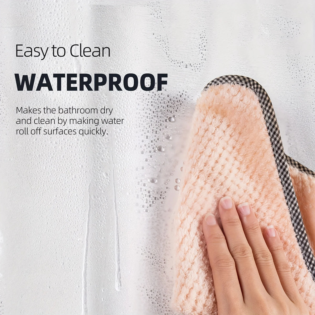 rideau douche transparent éva bordure blanche texturée moderne crochets aimants