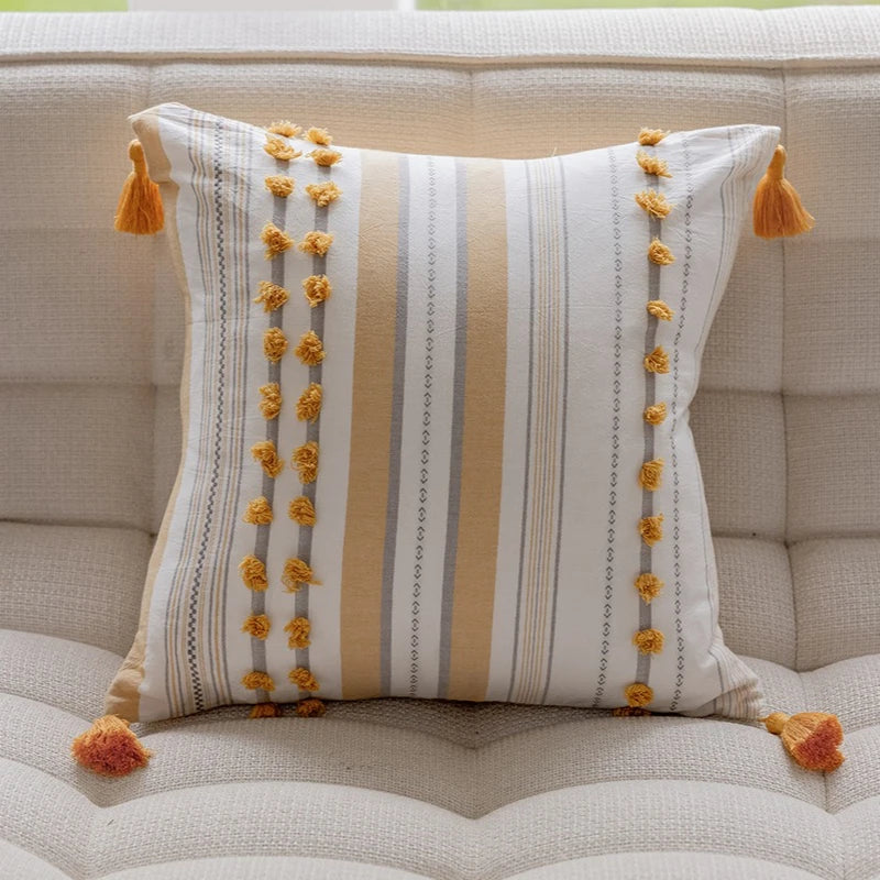 coussin moderne rayé 30x90cm pompons dorés bohème arc ciel pastel