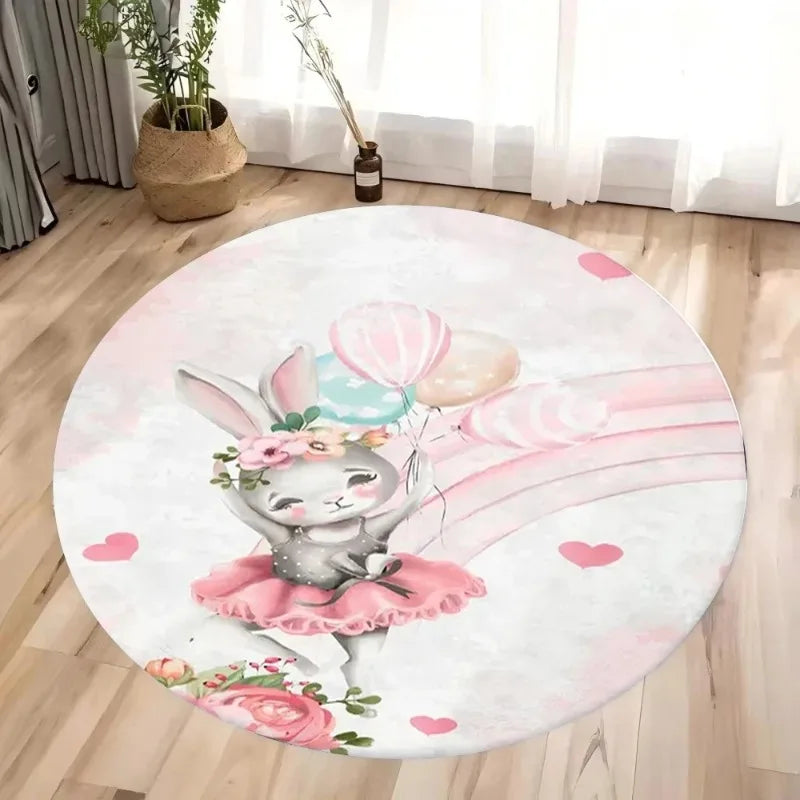 tapis rond illustration animaux costumes danse floral blanc rose gris vert foncé moderne chambre