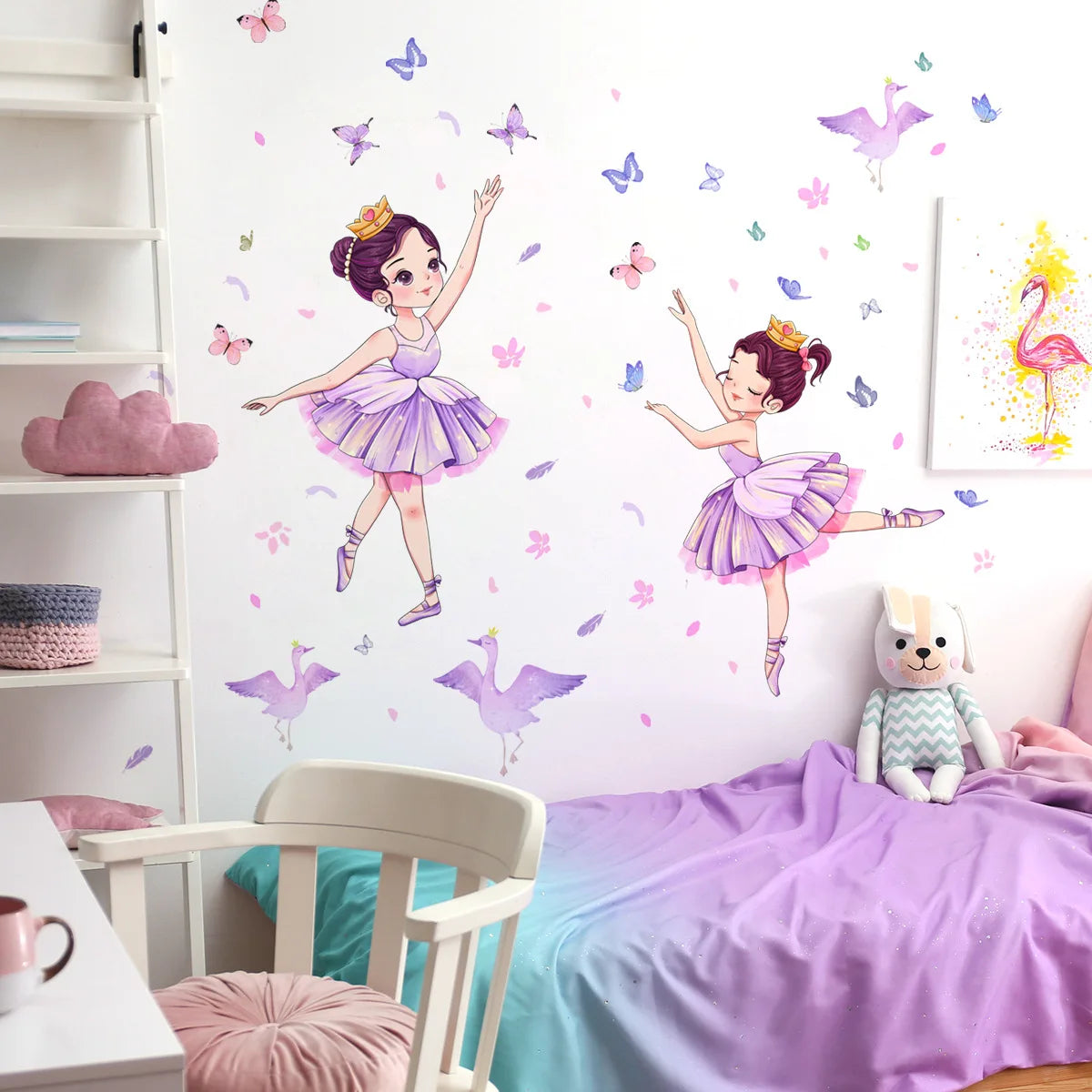 stickers muraux danseuses tutu papillons oiseaux violet rose blanc chambre bébé fille illustration autoadhésifs