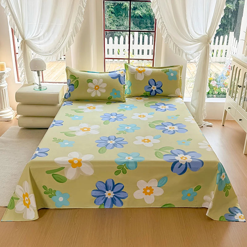 drap lit fleurs motif floral vert clair bleu blanc jaune 100 polyester moderne pièces