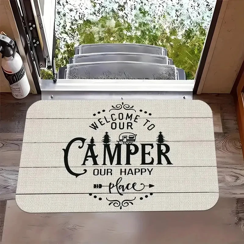 tapis sol antidérapant polyester résistant décoloration lettrage stylisé thème camping patte chien noir blanc