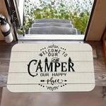 tapis sol antidérapant polyester résistant décoloration lettrage stylisé thème camping patte chien noir blanc