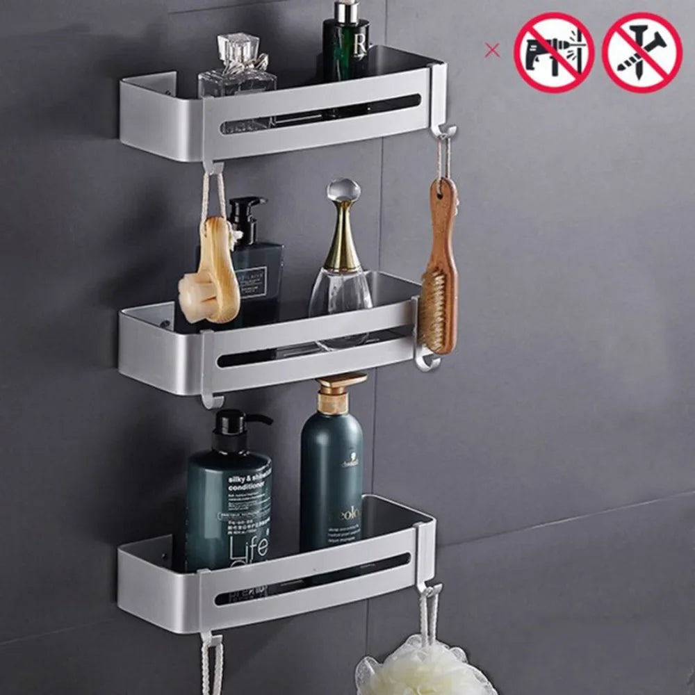 étagère angle moderne noire blanche or adhésive réutilisable salle bain douche trois niveaux fixations
