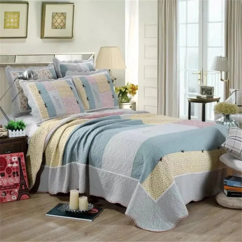 couvre lit patchwork coton floral vert beige rose matelassé maison hiverversible machine laver
