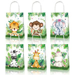 sacs cadeau anniversaire enfant animaux jungle tigre singe éléphant zèbre aquarelle adorable blanc vert