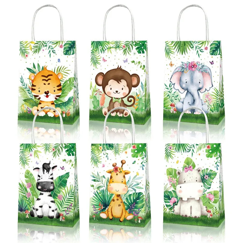 sacs cadeau anniversaire enfant animaux jungle tigre singe éléphant zèbre aquarelle adorable blanc vert