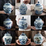 pot thé céramique blanc bleu paysage chinois couvercle fleurs montagnes arbre traditionnel