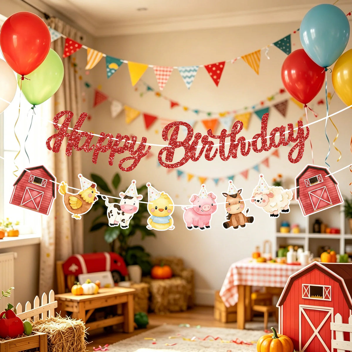 guirlande fête animaux ferme rouge blanc happy birthday poulets vaches grange