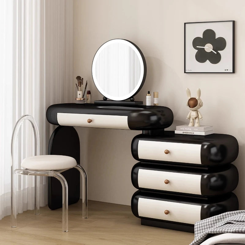 maquillage moderne commode tiroirs tabouret miroir noir blanc texture cuir