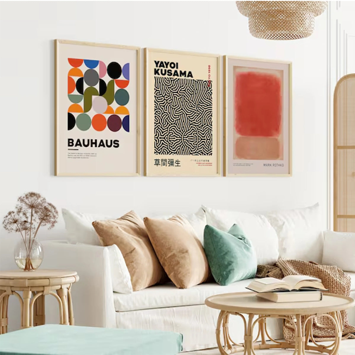 affiches murales contemporaines multicolores géométriques cadre bois salon chambre decoration abstraite zébrée graphique minimaliste