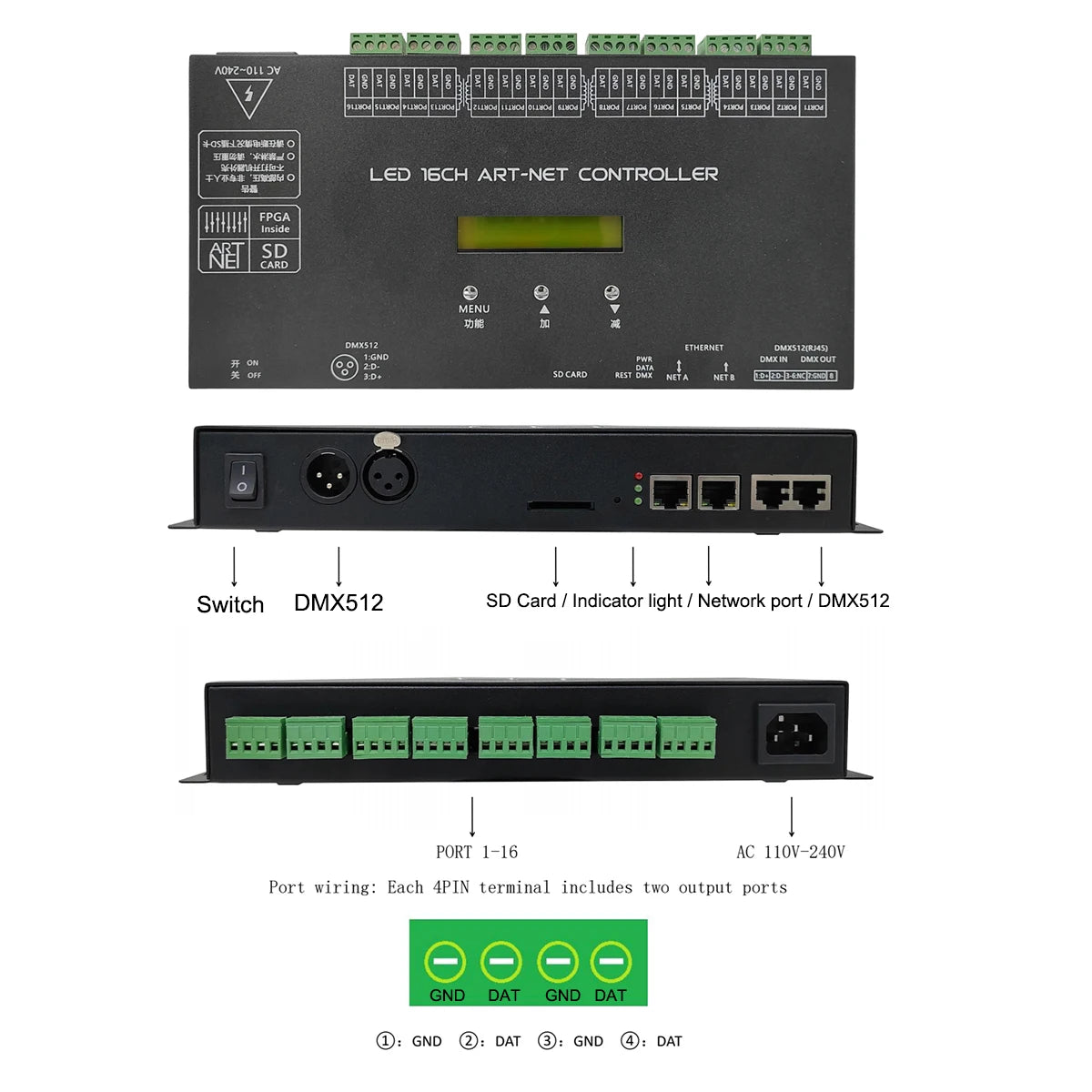 contrôleur led noir industrielle 16 ports resolume ws2811 ws2812 ws2815 dmx512 console