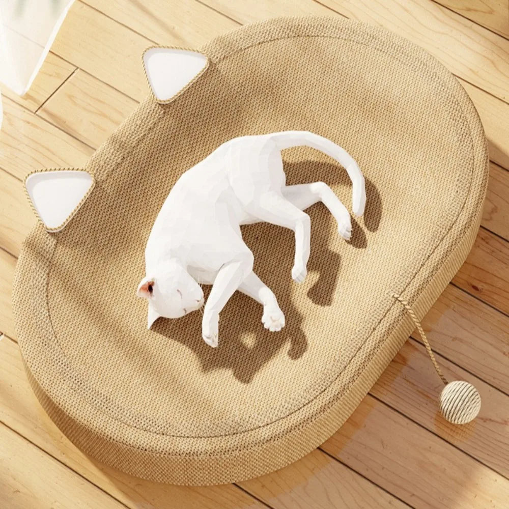 tapis gratter chat forme tête oreilles velours tressé blanc beige jouet ficelle repose chat