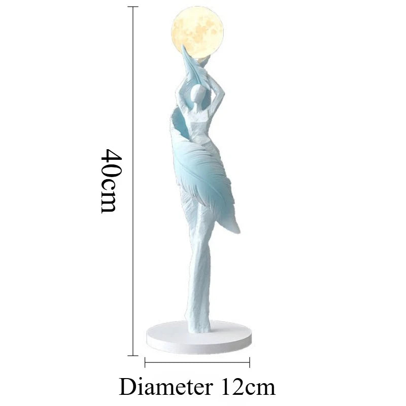 sculpture décorative moderne figure féminine globe lune noir blanc bleu clair résine chambre salon