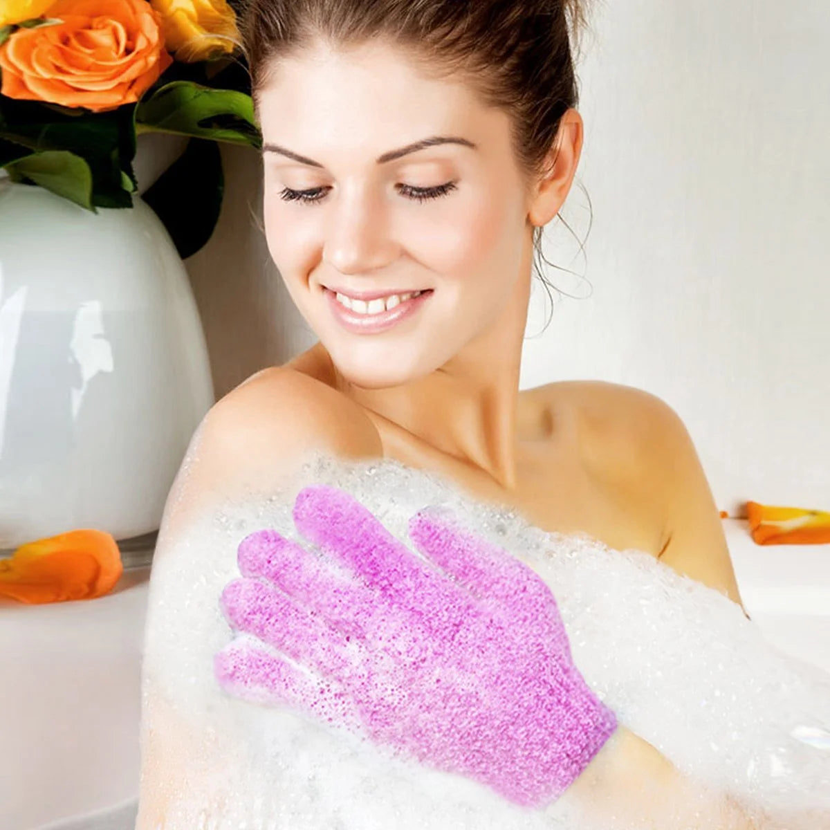gants bain exfoliants doux microfibre violet rose jaune bleu vert