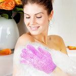 gants bain exfoliants doux microfibre violet rose jaune bleu vert