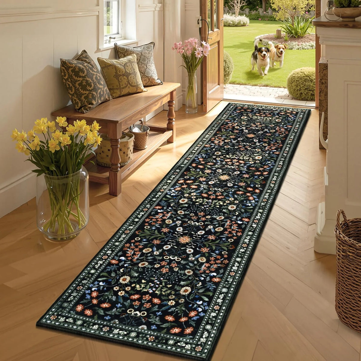 tapis vert floral antidérapant extérieur moderne bordure géométrique fleurs feuilles classique