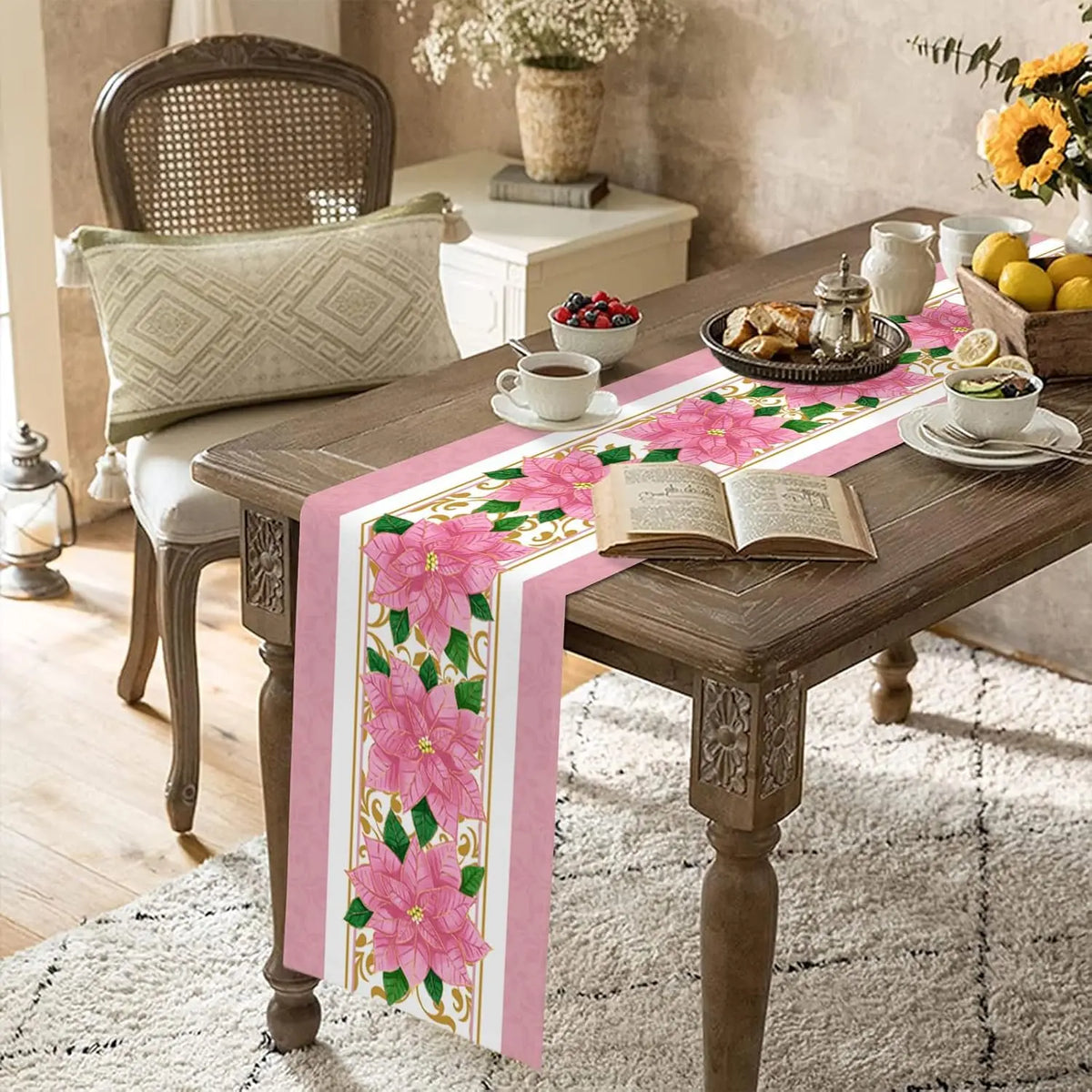 Table rustique avec décorations florales, livre ouvert et collation, créant une atmosphère chaleureuse et accueillante dans un intérieur cosy.