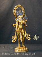 statue bouddhiste or bleu argent rouge motifs floraux complexe tibetain halo doré couronne sceptre