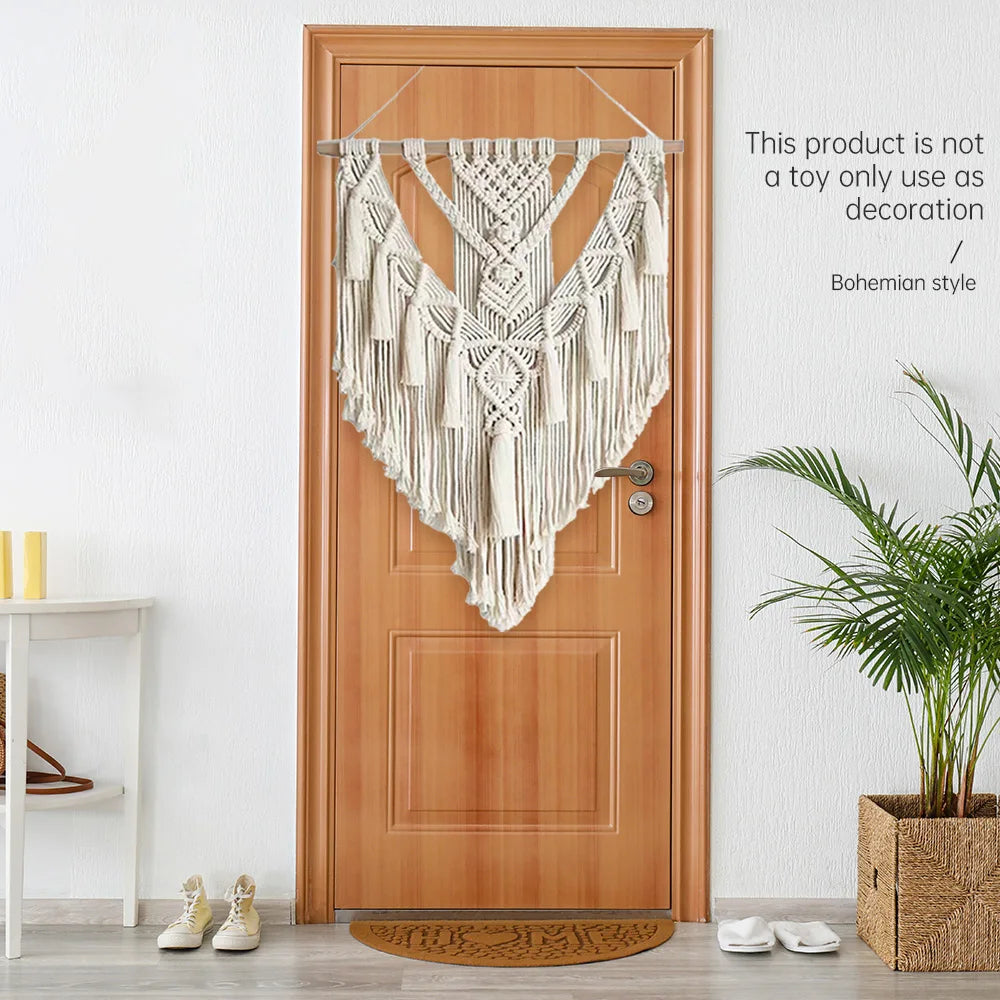 suspension décorative macramé franges boho chic beige clair crochets moderne